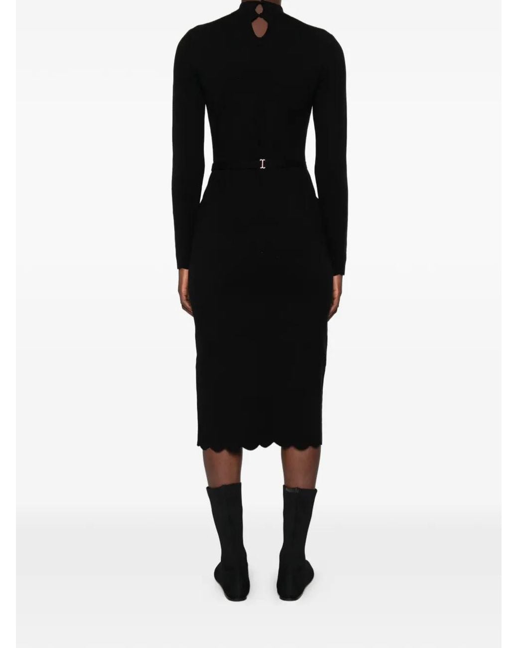 Twinset Black Belted Scallop-Edge Midi Dress