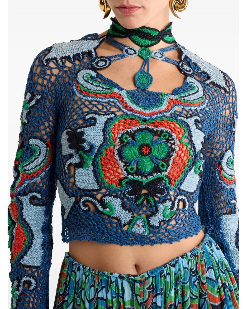 Etro Blue Cropped Cotton Sweater With Crochet-Effect Floral Motif