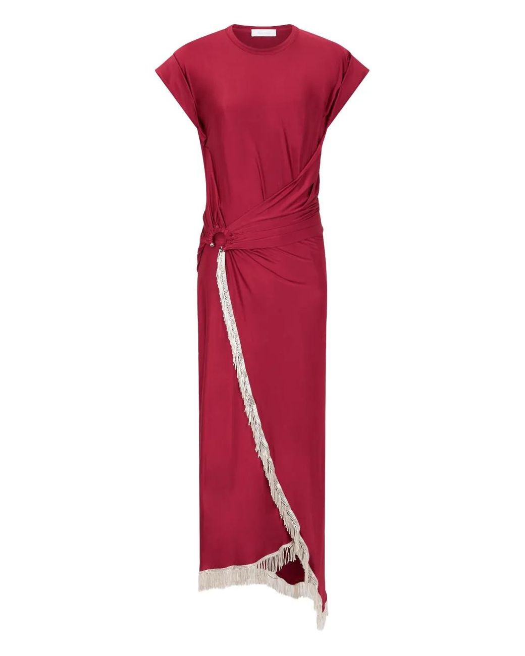 Rabanne Red Asymmetric Fringed Draped Satin-Jersey Dress