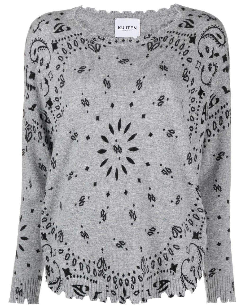 Kujten Gray Paisley-Print Scalloped-Edge Sweater