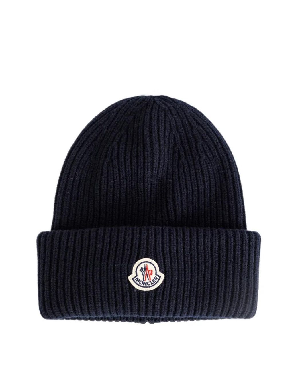 Moncler Blue Logo-Patch Ribbed-Knit Beanie Hat for men