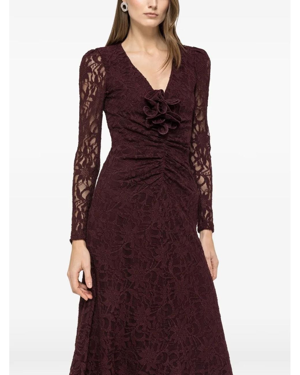 Nissa Red Floral Applique Lace Dress