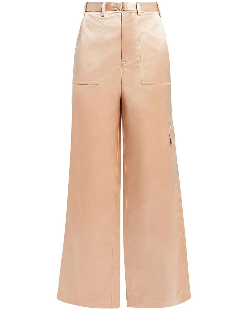 Staud Natural Belted Satin-Finish Palazzo Pants