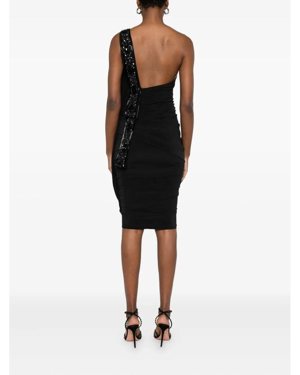 Gemy Maalouf Black Sequin-Embellished One-Shoulder Dress