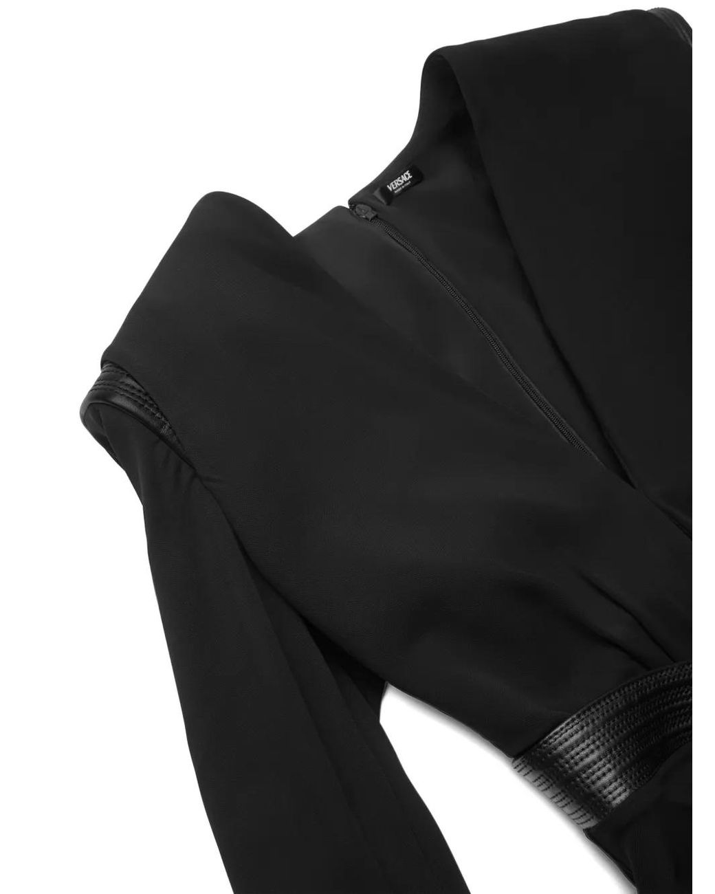 Versace Black Leather-Trimmed Wrap Blouse