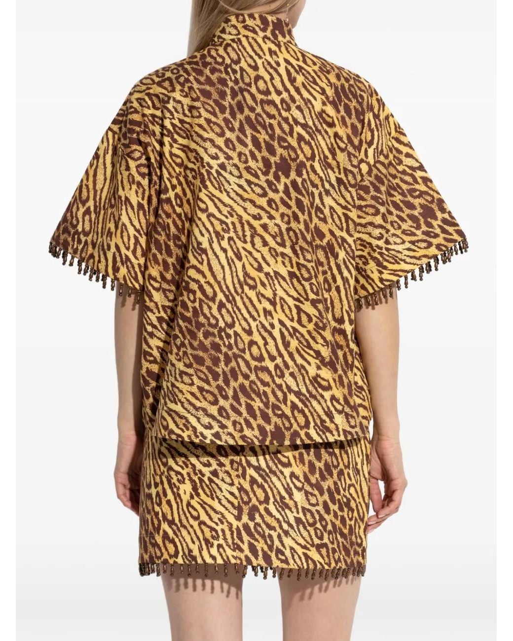 Zimmermann Metallic Leopard-Print Beaded-Fringe Shirt