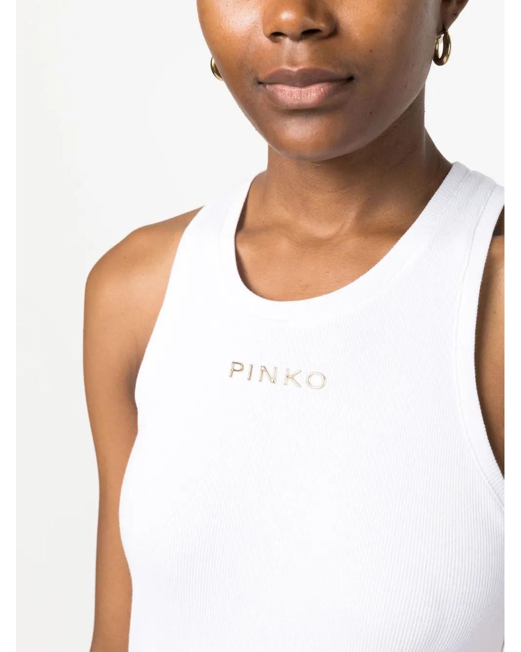 Pinko White Ribbed Top With Logo
