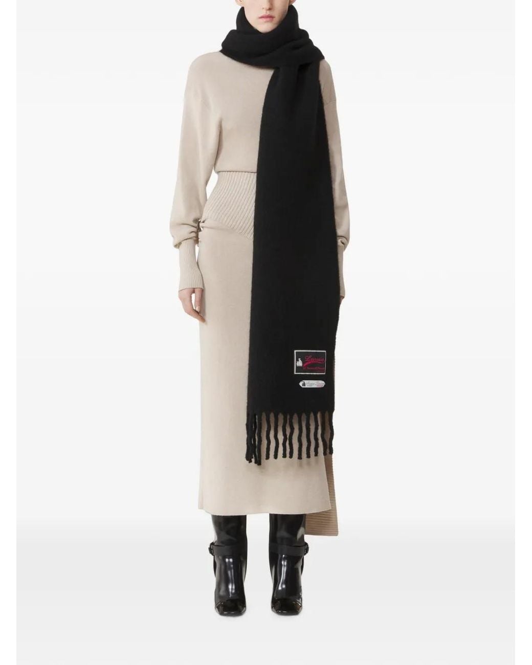 Lanvin Black Fringe Scarf With Logo Patch for men