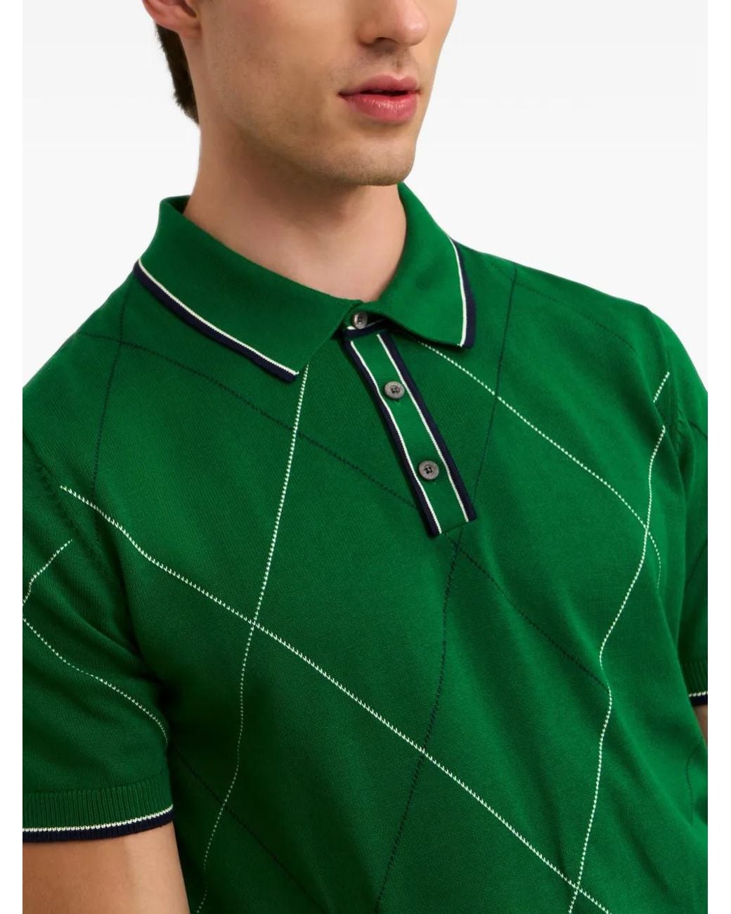 Pringle of Scotland Green Argyle-Intarsia Raker-Stitch Polo Shirt for men