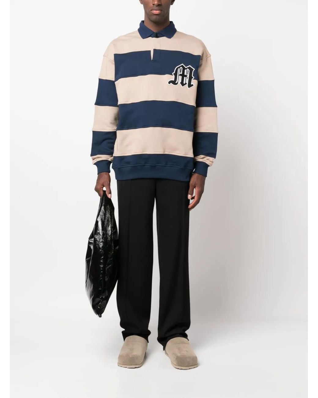 MSGM Blue Logo-Patch Striped Polo Sweatshirt for men