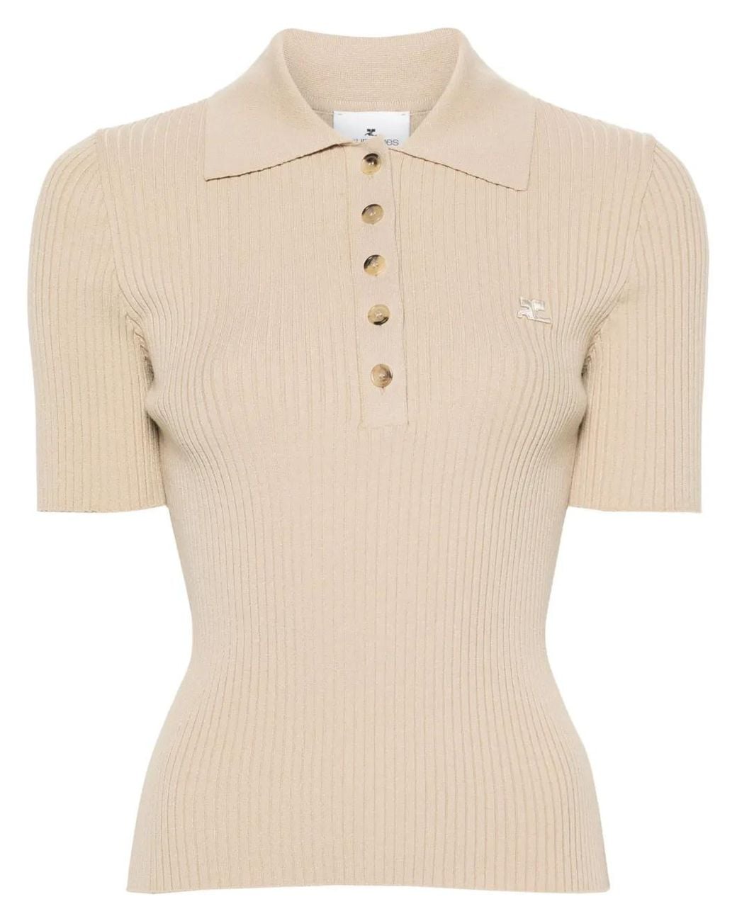 Courreges Natural Logo-Patch Ribbed Polo Top