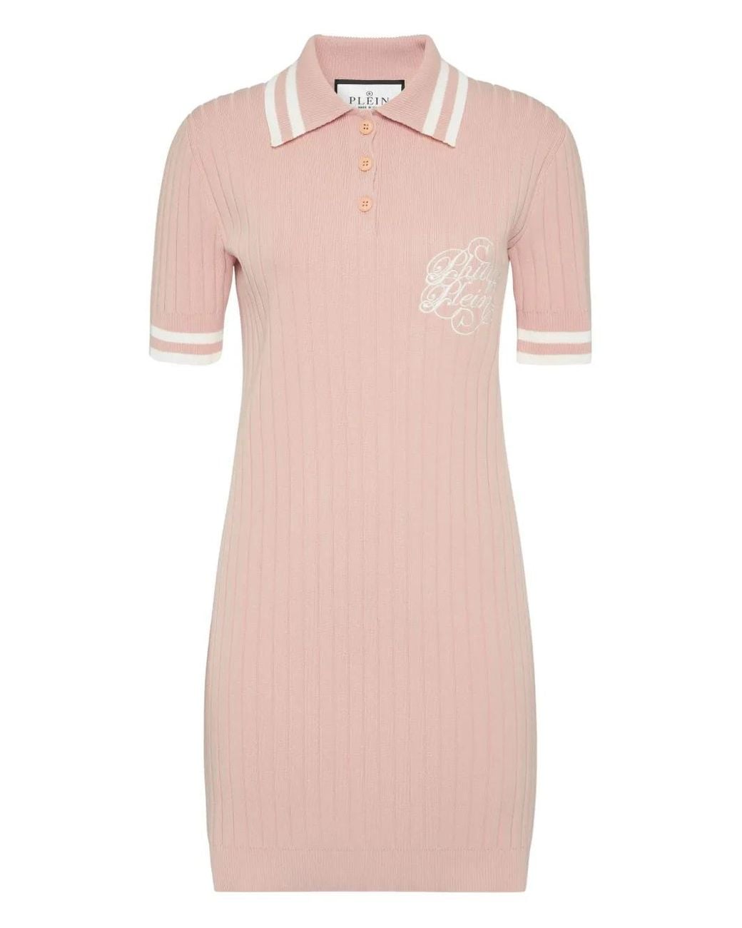 Philipp Plein Pink Ribbed-Knit Polo Dress