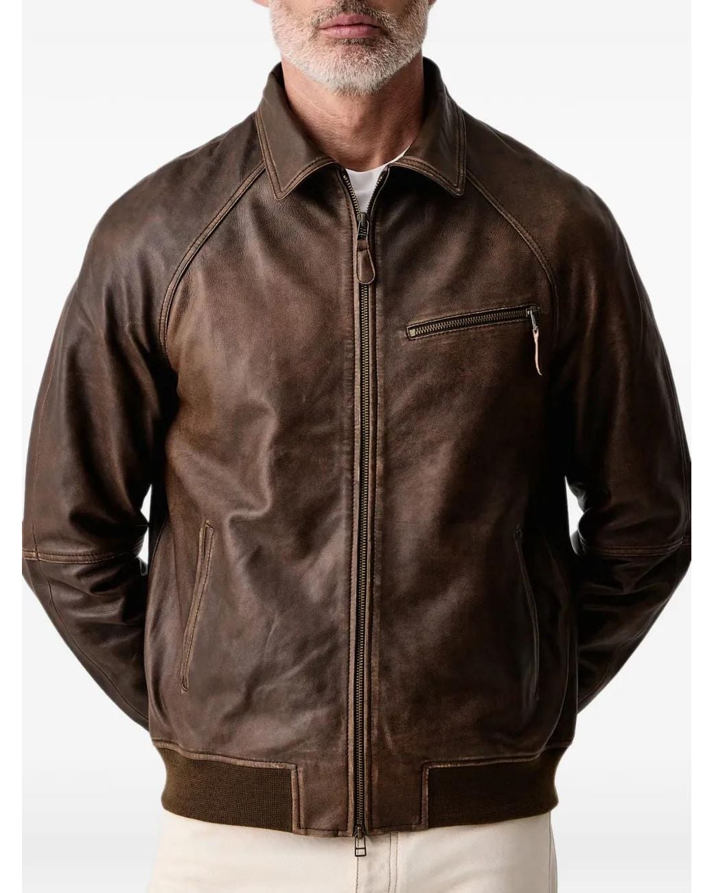 Mos Mosh Brown Thom Zip-Up Leather Jacket for men