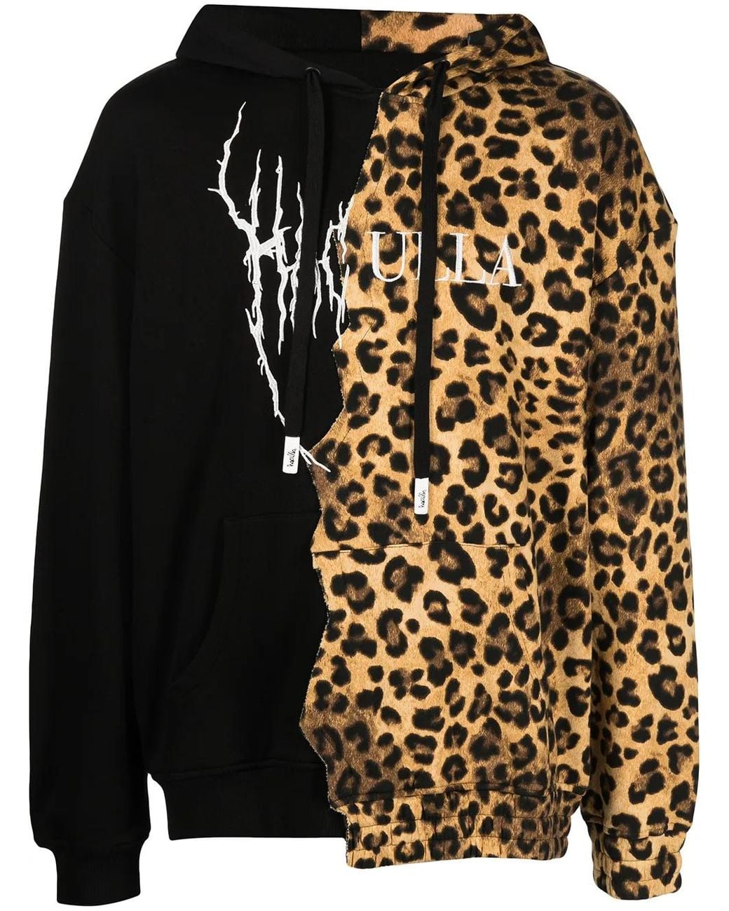 Haculla Black Paneled Leopard-Print Logo Hoodie for men
