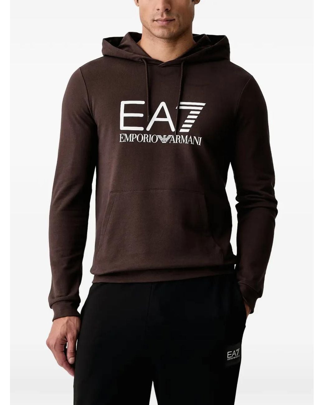 EA7 Black Logo-Print Pouch-Pocket Hoodie for men