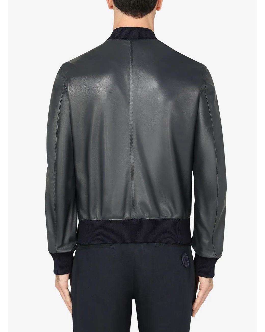 Dolce & Gabbana Blue Logo-Plaque Leather Bomber Jacket for men