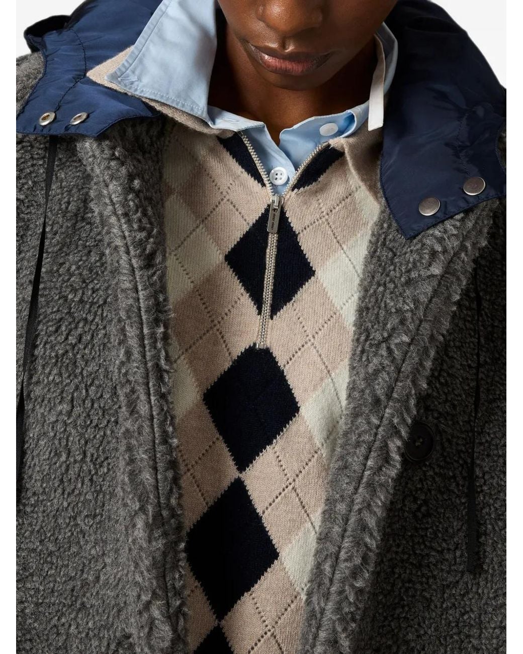 Miu Miu Gray Hooded Shearling-Effect Coat