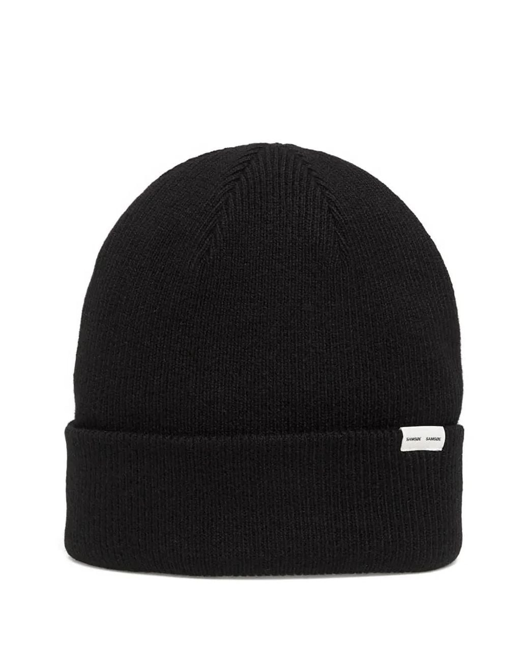Samsøe & Samsøe Black Logo-Patch Ribbed Beanie