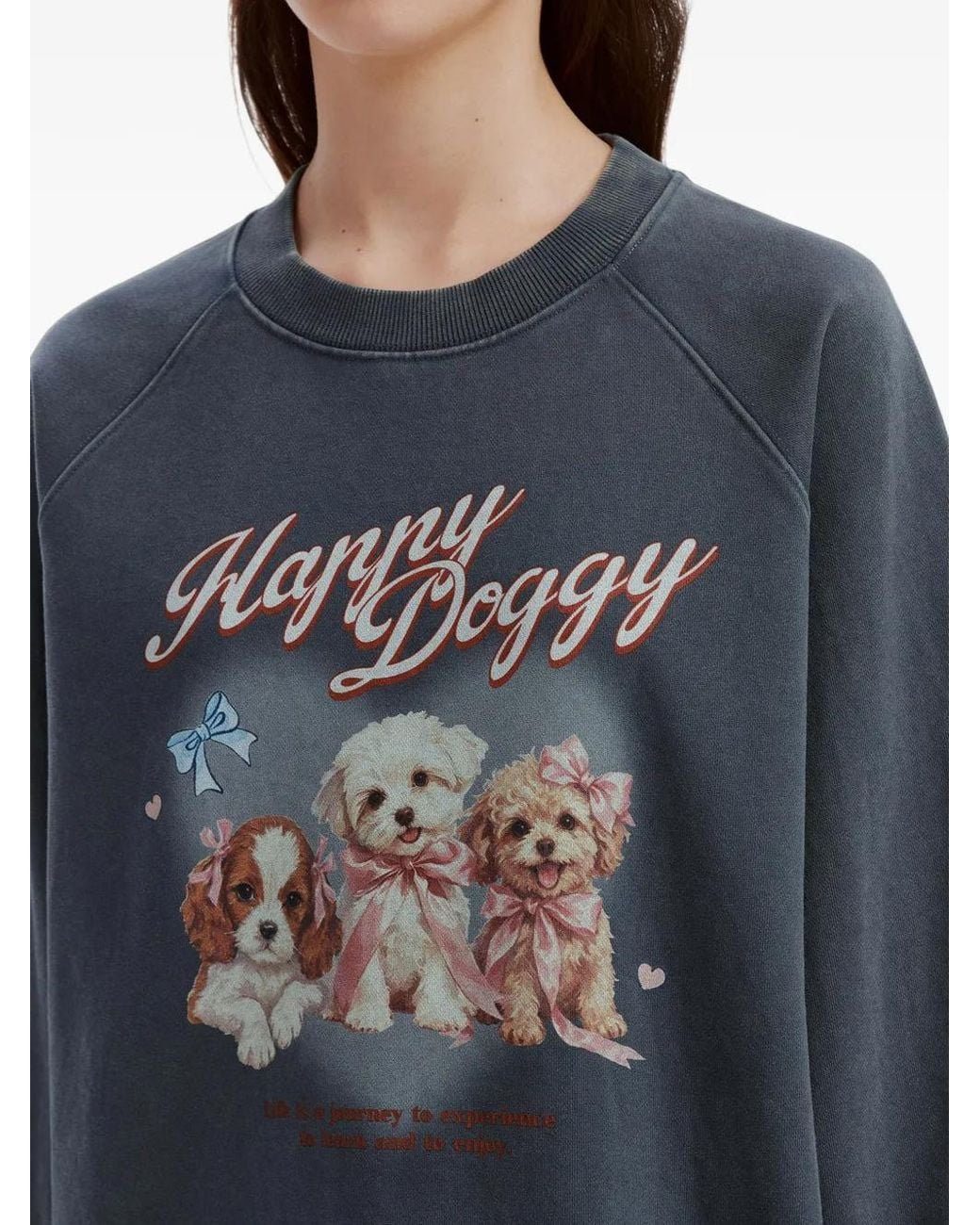 B+ AB Blue Dog-Print Raglan-Sleeve Sweatshirt