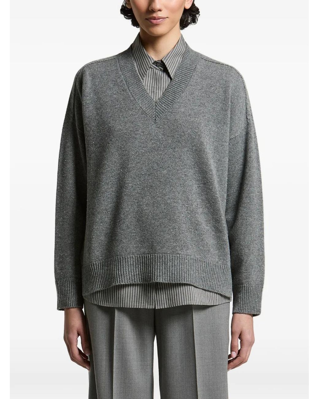Peserico Gray V-Neck Drop-Shoulder Sweater