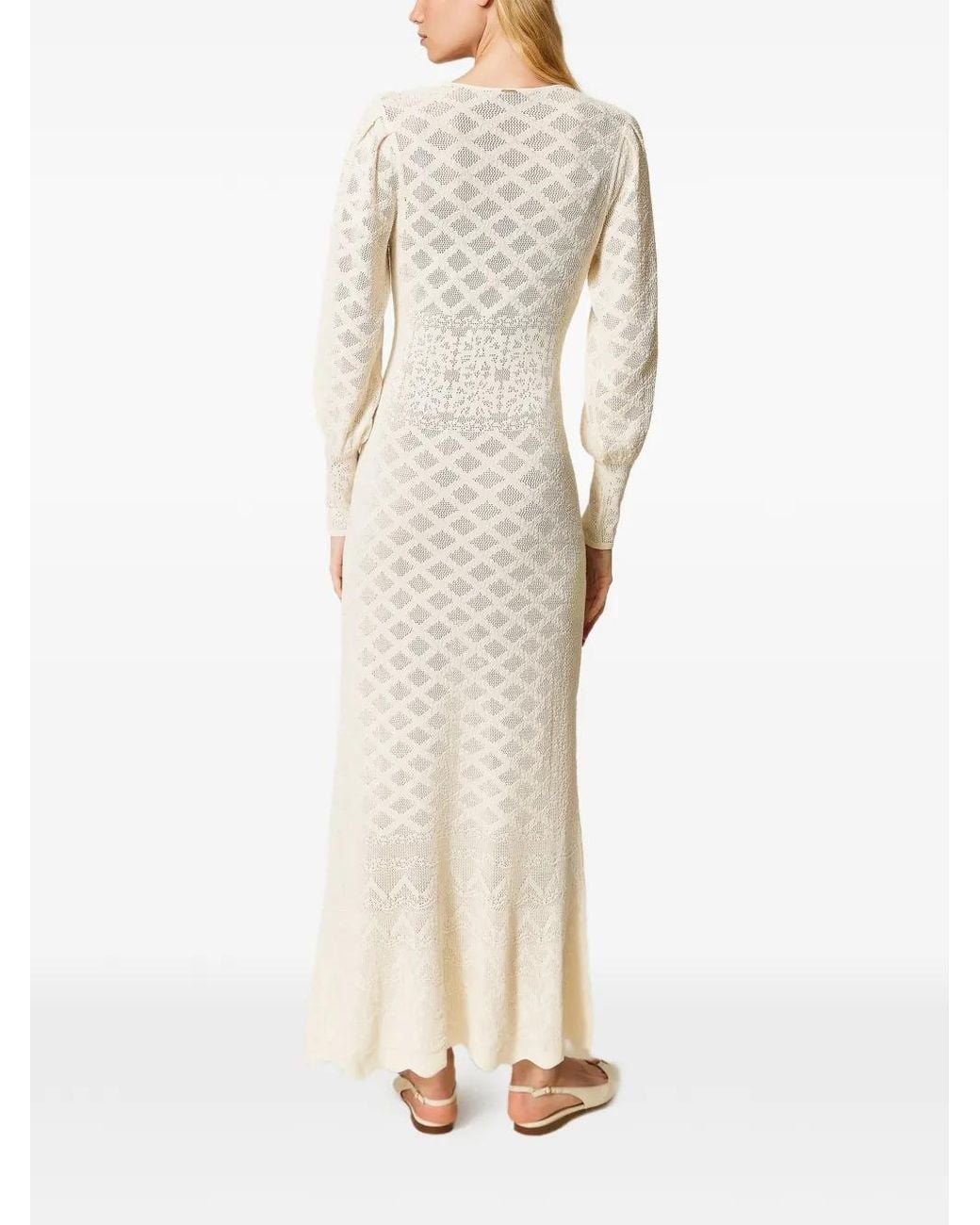Twinset White Long Knit Dress With Floral Pattern