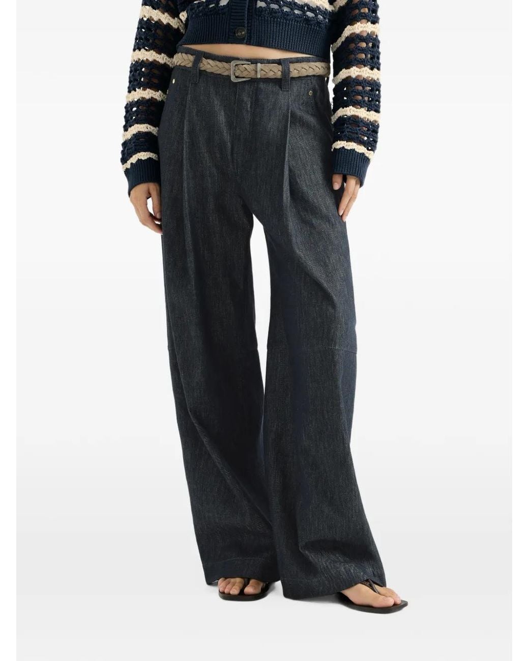 Brunello Cucinelli Blue Monili-Embellished Pleated Jeans