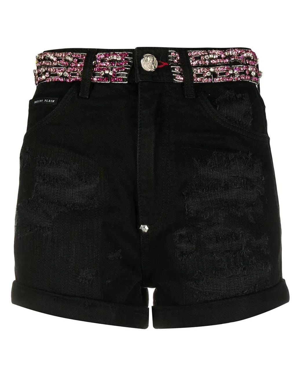 Philipp Plein Black Crystal Embellished Denim Shorts