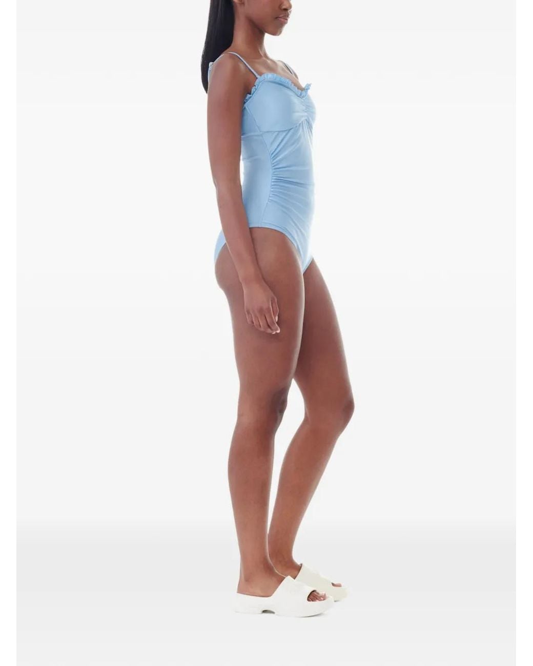 Ganni Blue Gathered Ruffled Swimsuit