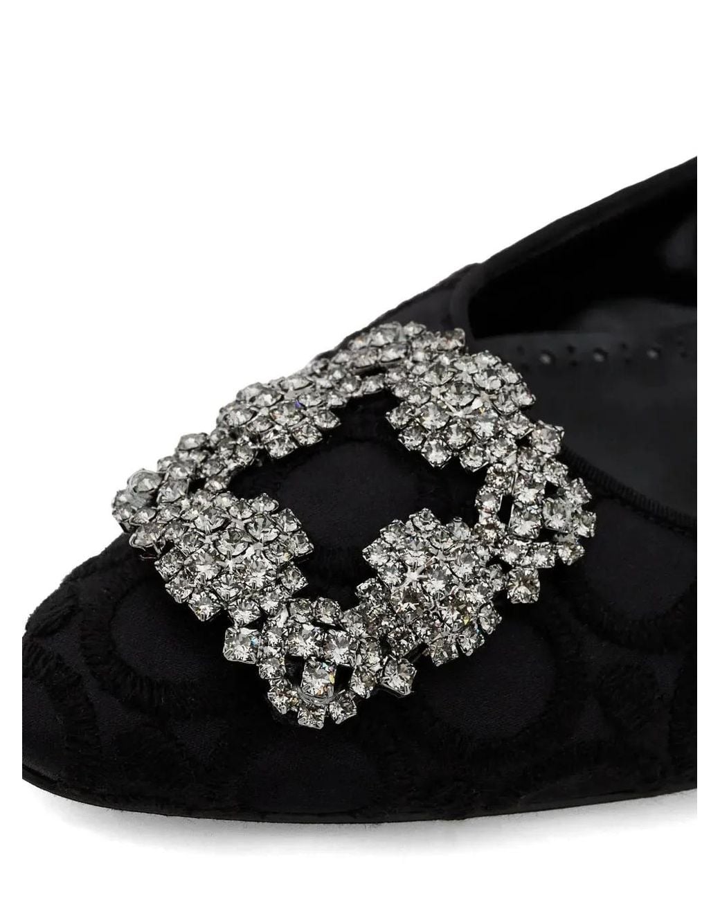 Manolo Blahnik Black Hangisi Flat Crystal-Buckle Ballet Flats