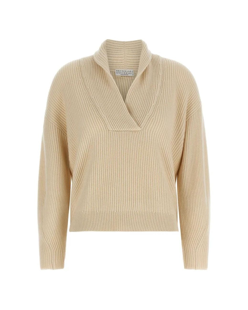 Brunello Cucinelli Natural Ribbed-Knit Shawl-Collar Sweater