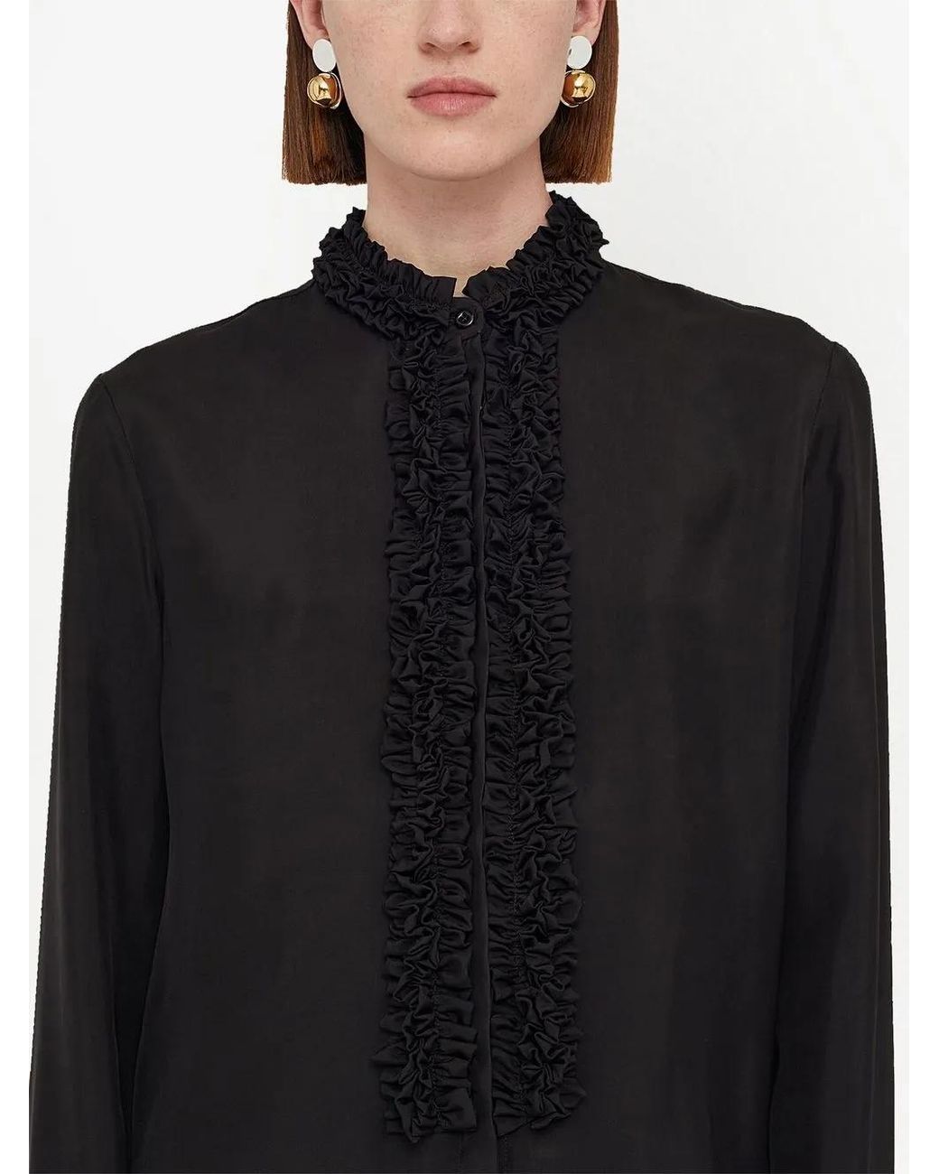 Jil Sander Black Ruffle-Trim Long-Sleeved Shirt