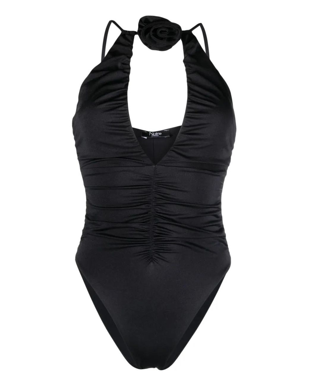 Noire Swimwear Black Floral-Appliqué Ruched Swimsuit