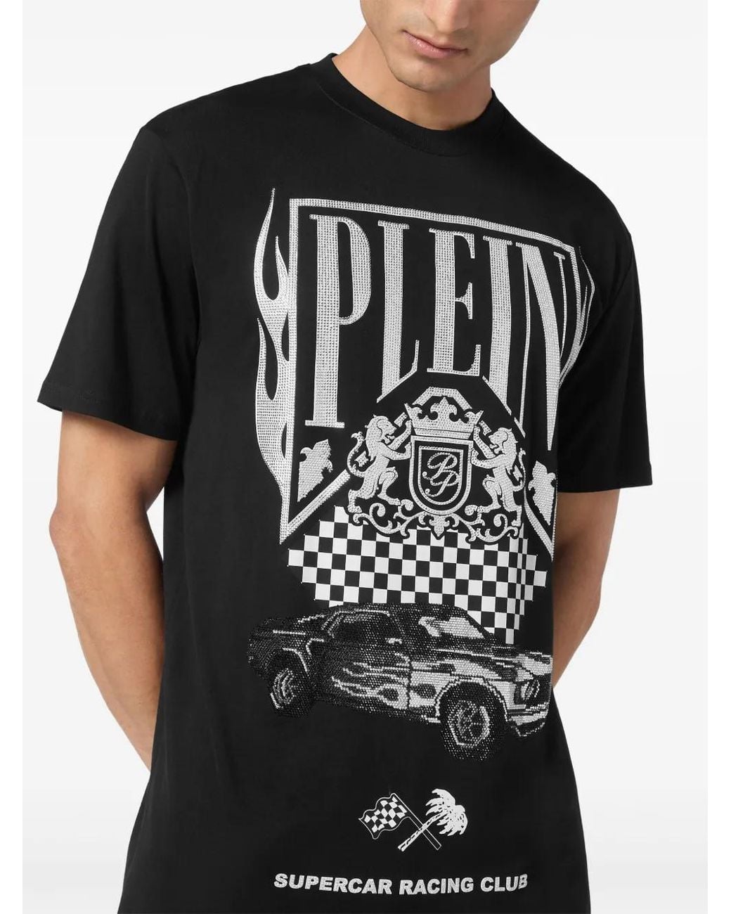 Philipp Plein Black Strass Flame Racing T-Shirt for men