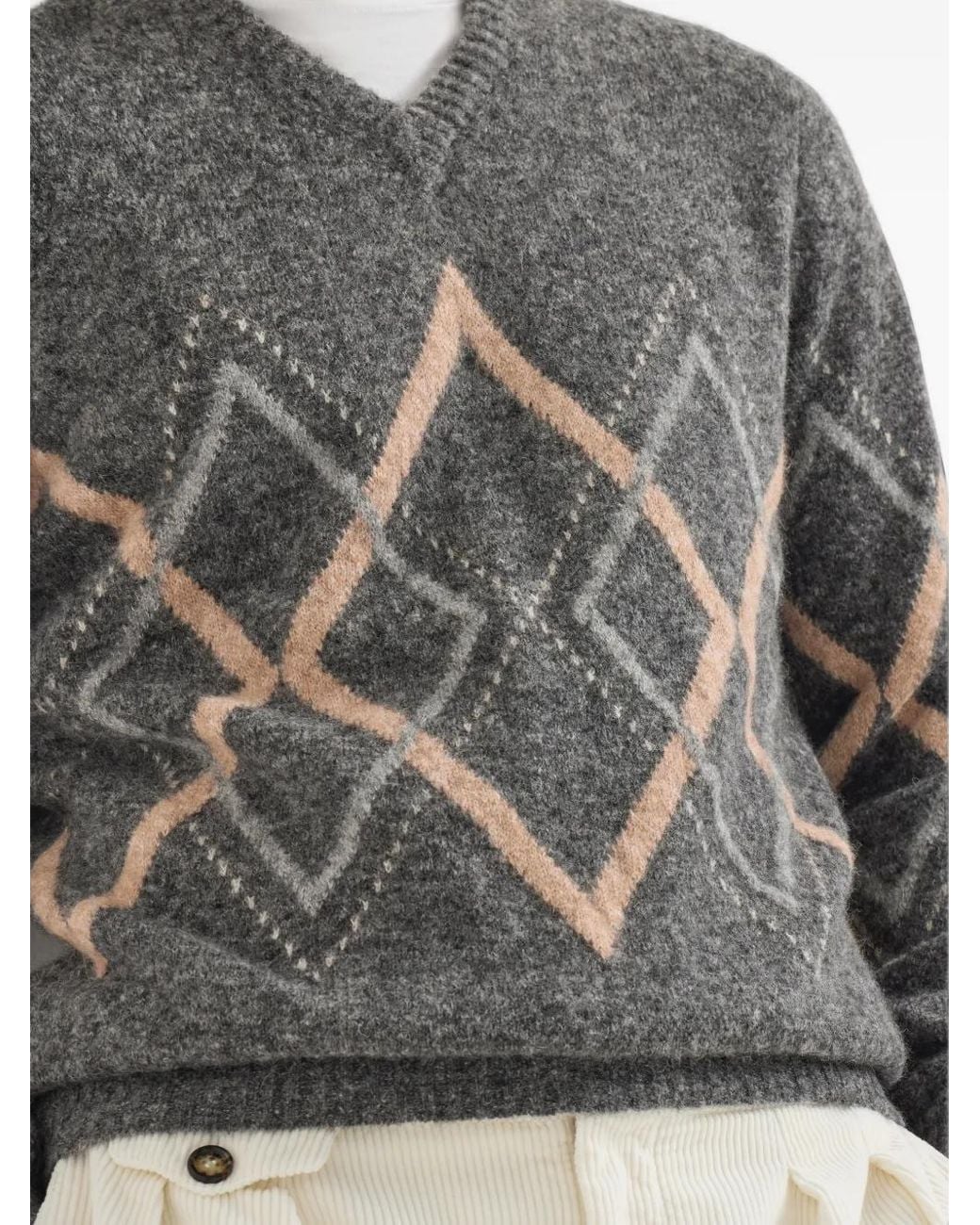 Brunello Cucinelli Gray Alpaca, Cashmere And Wool With Argyle Intarsia Sweater for men