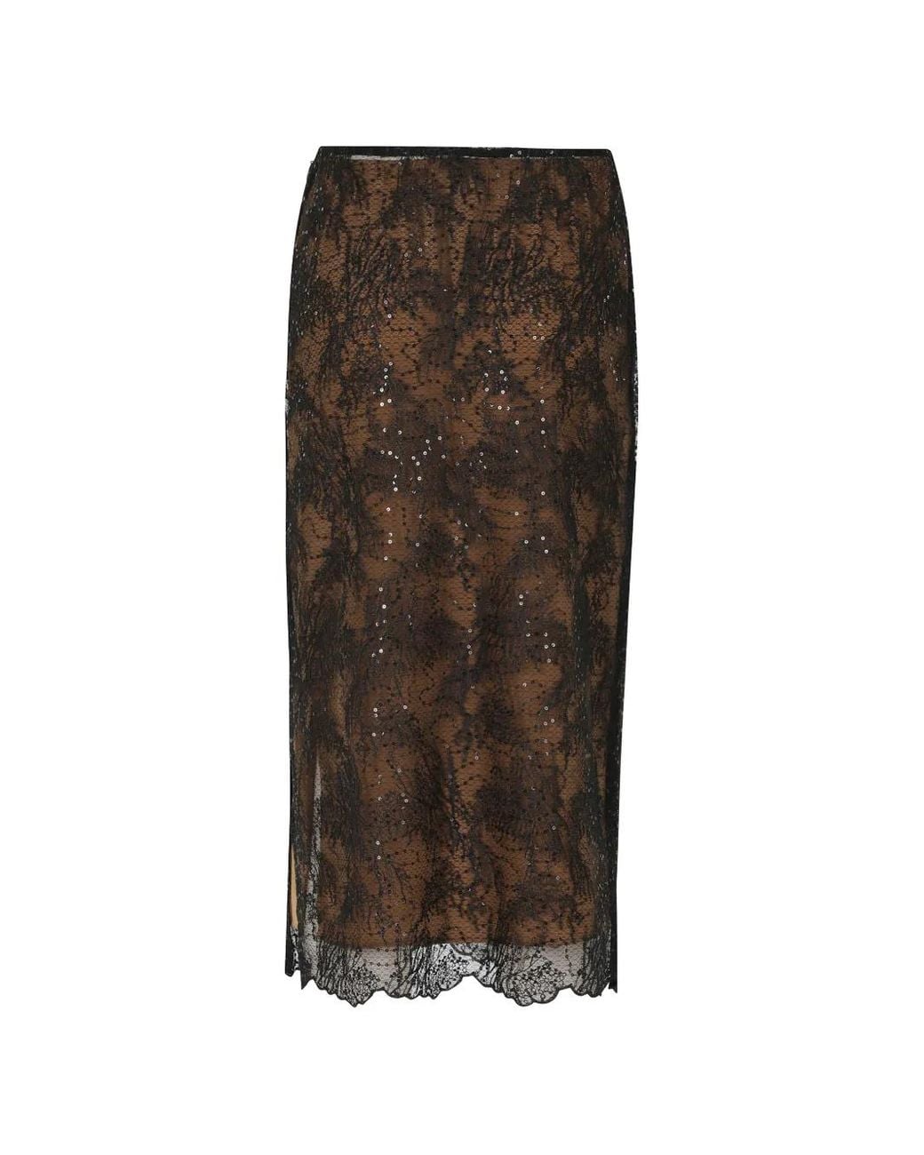Semicouture Brown Camilla Sequin-Embellished Lace Midi Skirt