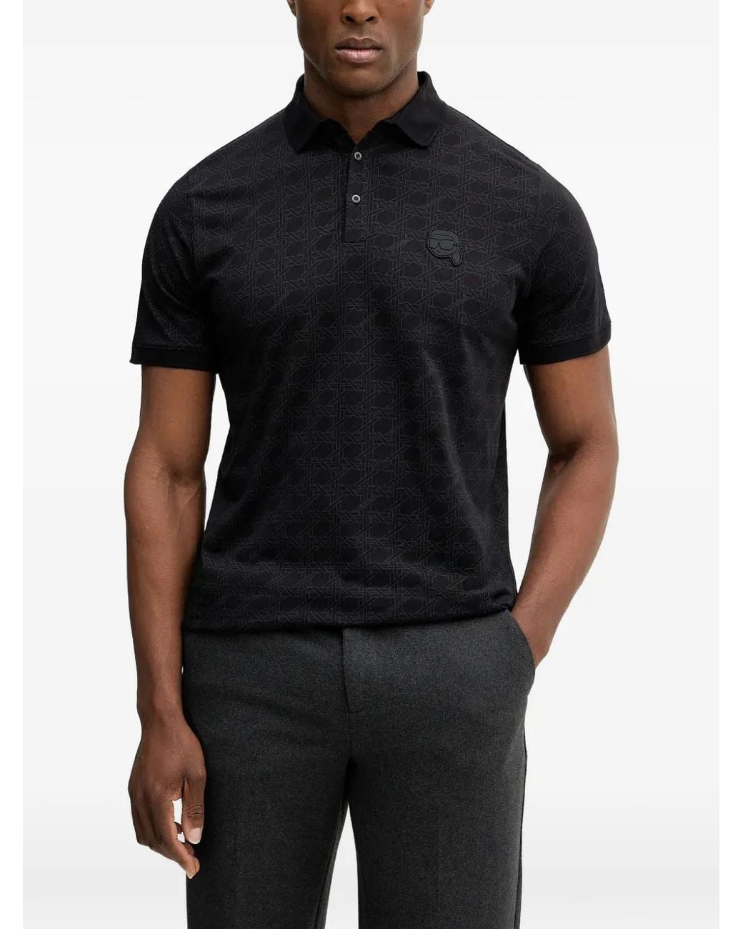 Karl Lagerfeld Black Printed Appliqué-Detail Polo Shirt for men