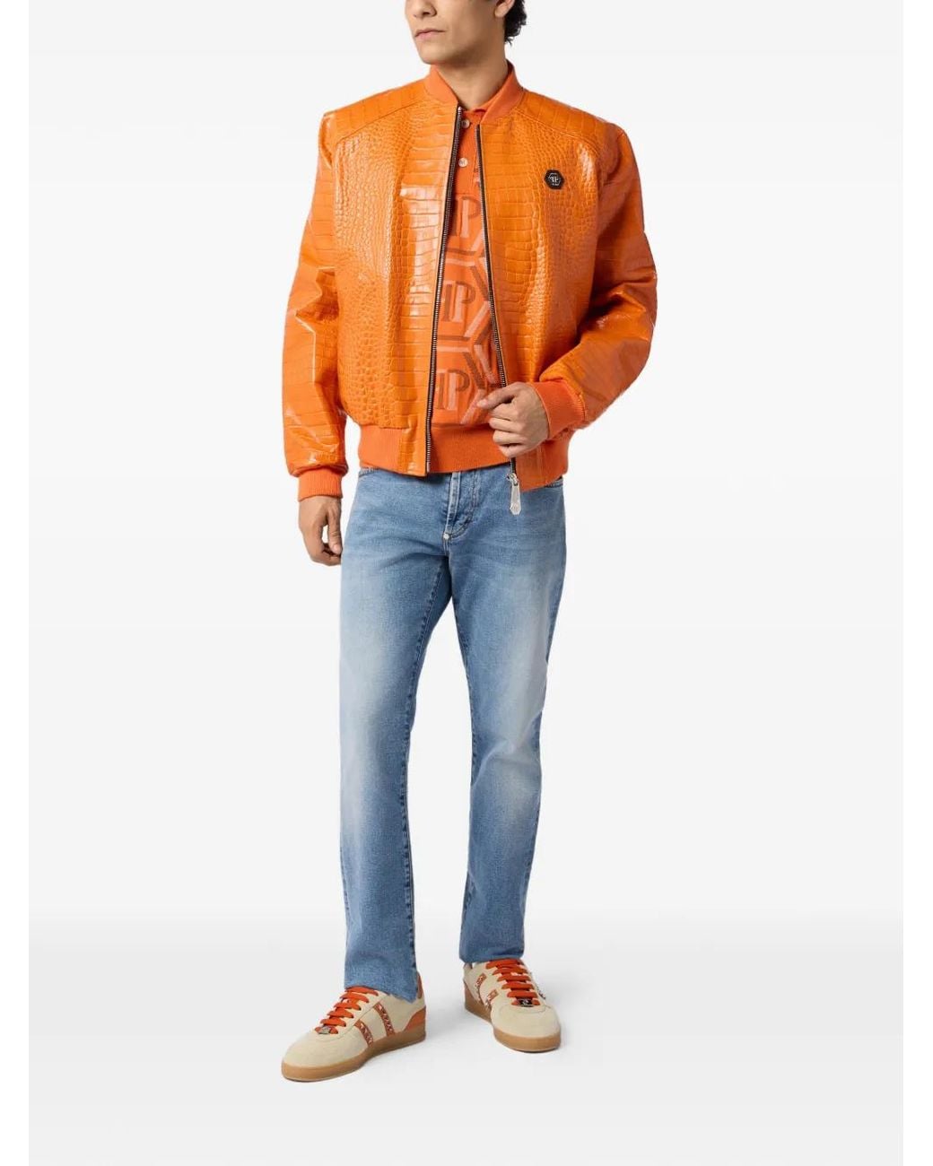 Philipp Plein Orange Veste En Cuir À Design Embossé for men
