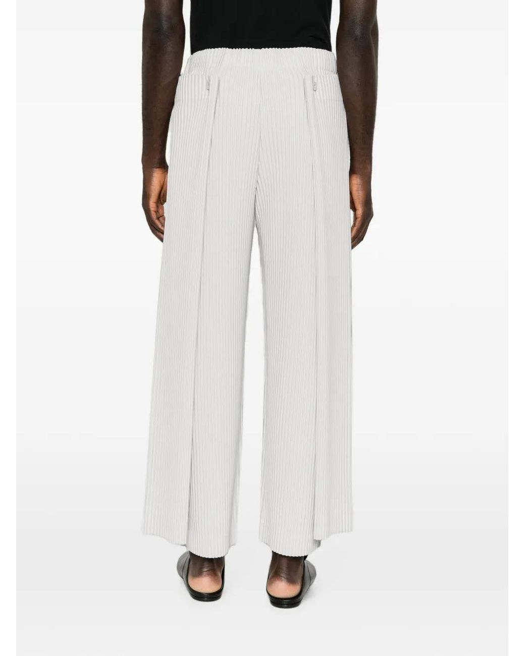 Homme Plissé Issey Miyake White Motion Blur Pleated Trousers for men