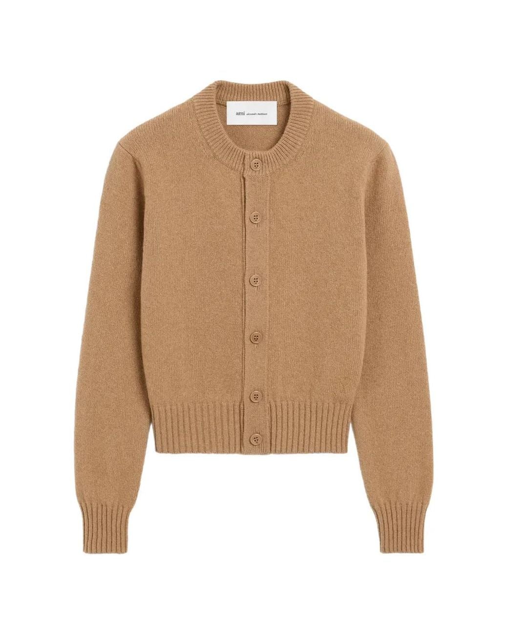 AMI Natural Crewneck Cashmere Cardigan With Ami De Coeur