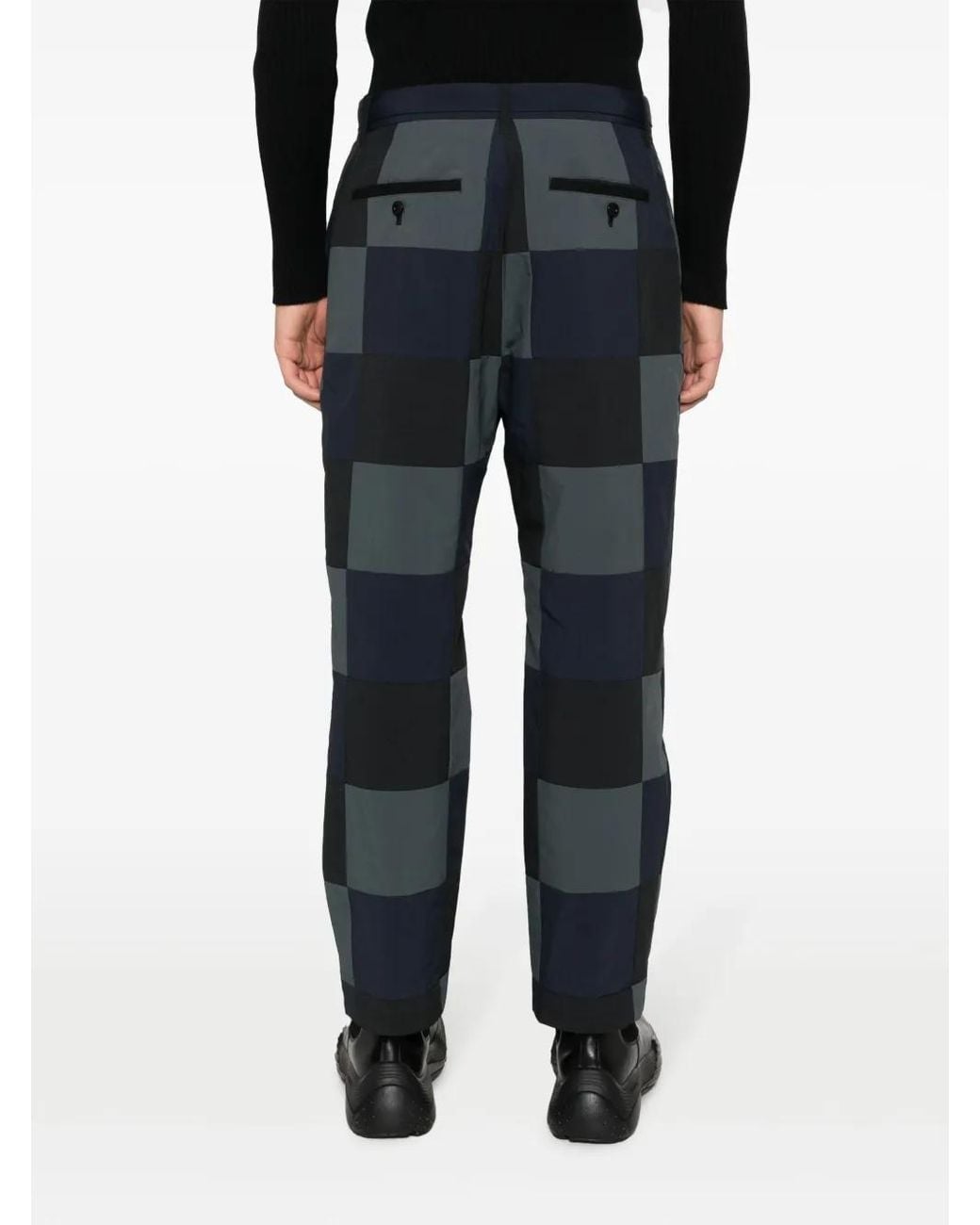 Sacai Blue Checkerboard-Print Cotton Chino Trousers for men