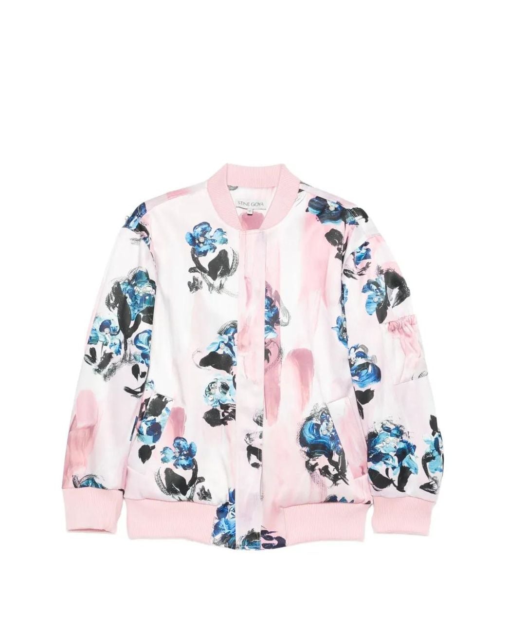 Stine Goya White Floral-Print Faux-Pearl Bomber Jacket