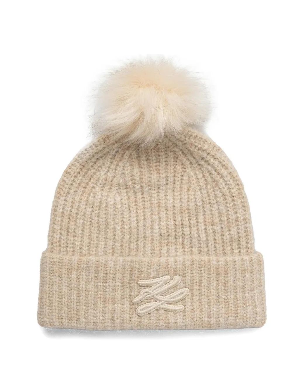 Karl Lagerfeld Natural Pompom Embroidered Beanie Hat