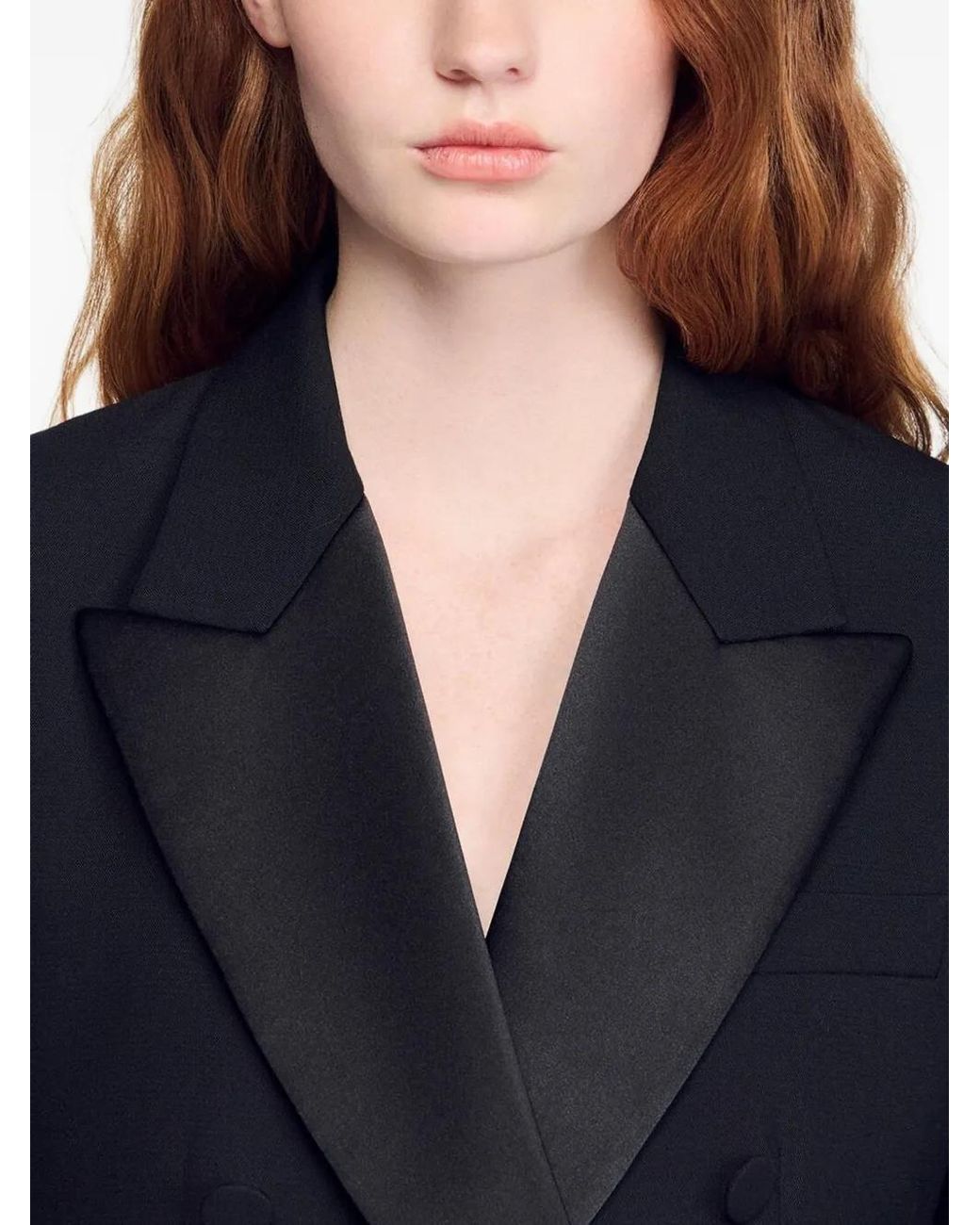 Sandro Black Satin-Lapel Double-Breasted Blazer