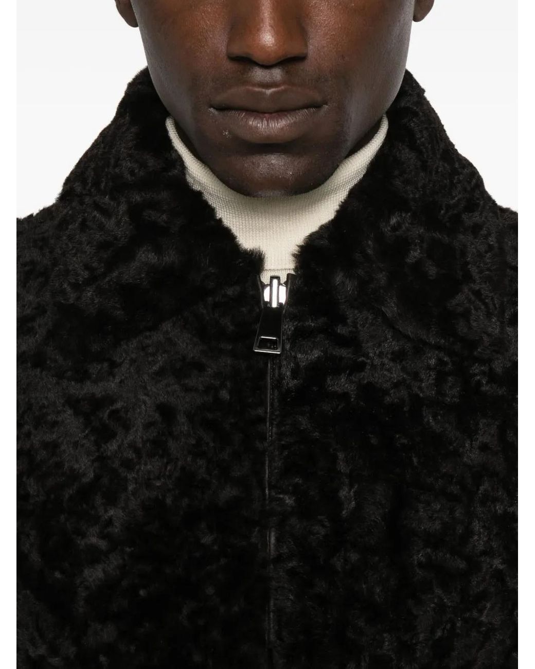 P.A.R.O.S.H. Black Lamb-Fur Zip-Up Bomber Jacket