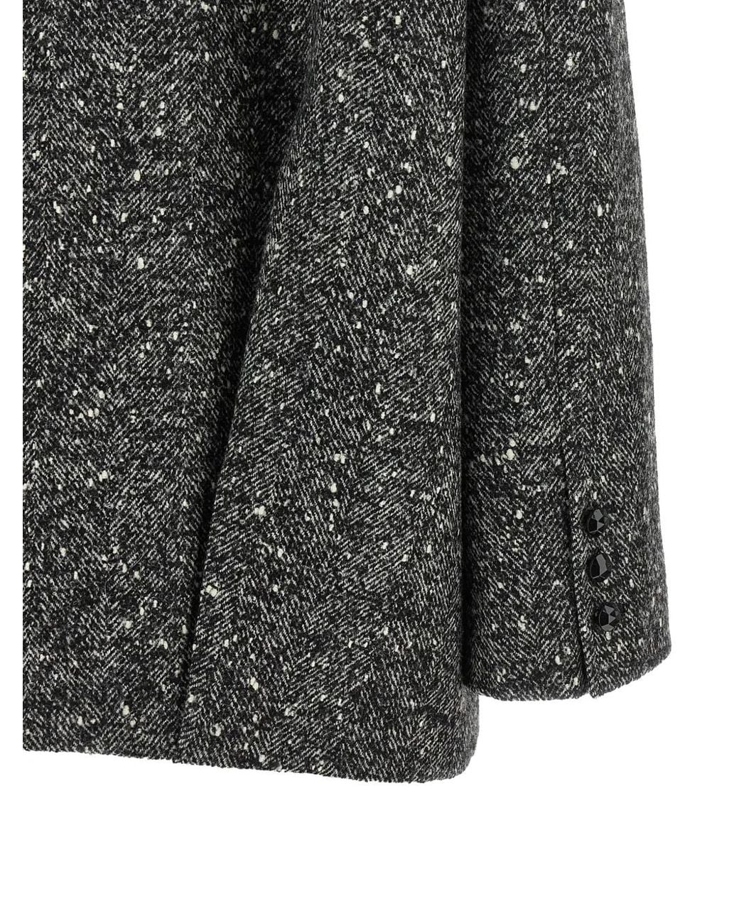 Valentino Garavani Gray Single-Breasted Chevron Bouclé Caban With Shearling