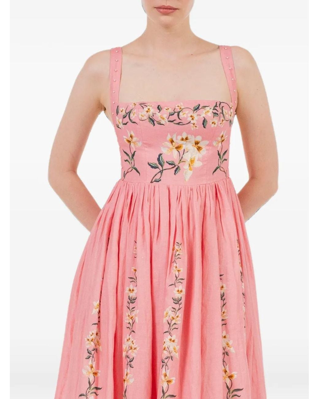 Agua Bendita Pink Mielero Promesa Floral-Embroidered Midi Dress