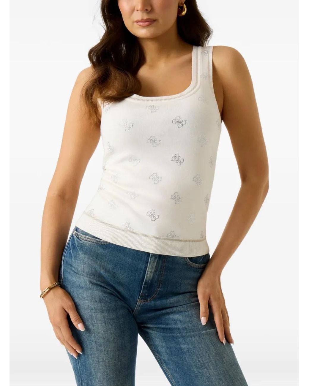 Guess White Rhinestones Tank Top