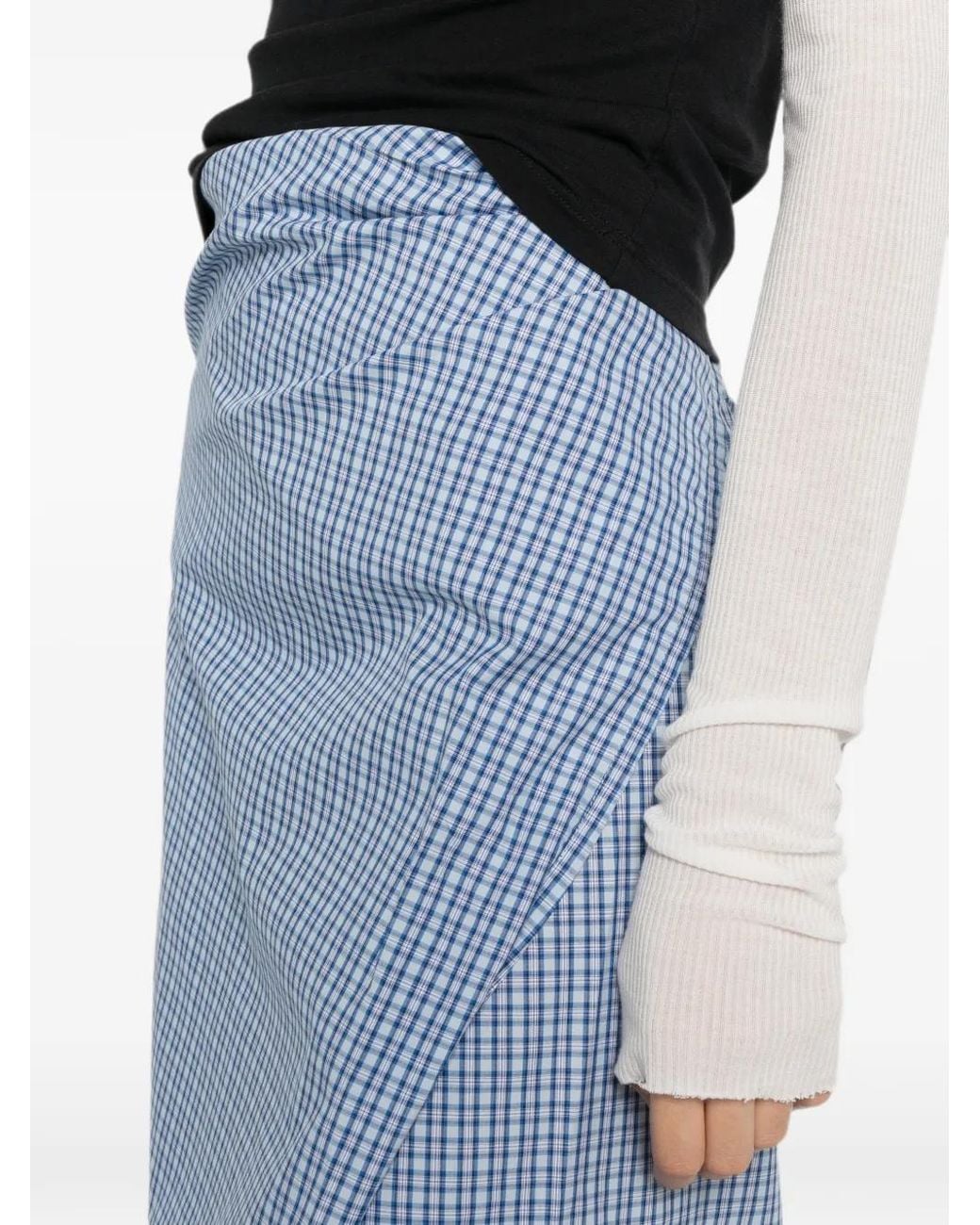 6397 Blue Gingham-Check Asymmetric Wrap Skirt