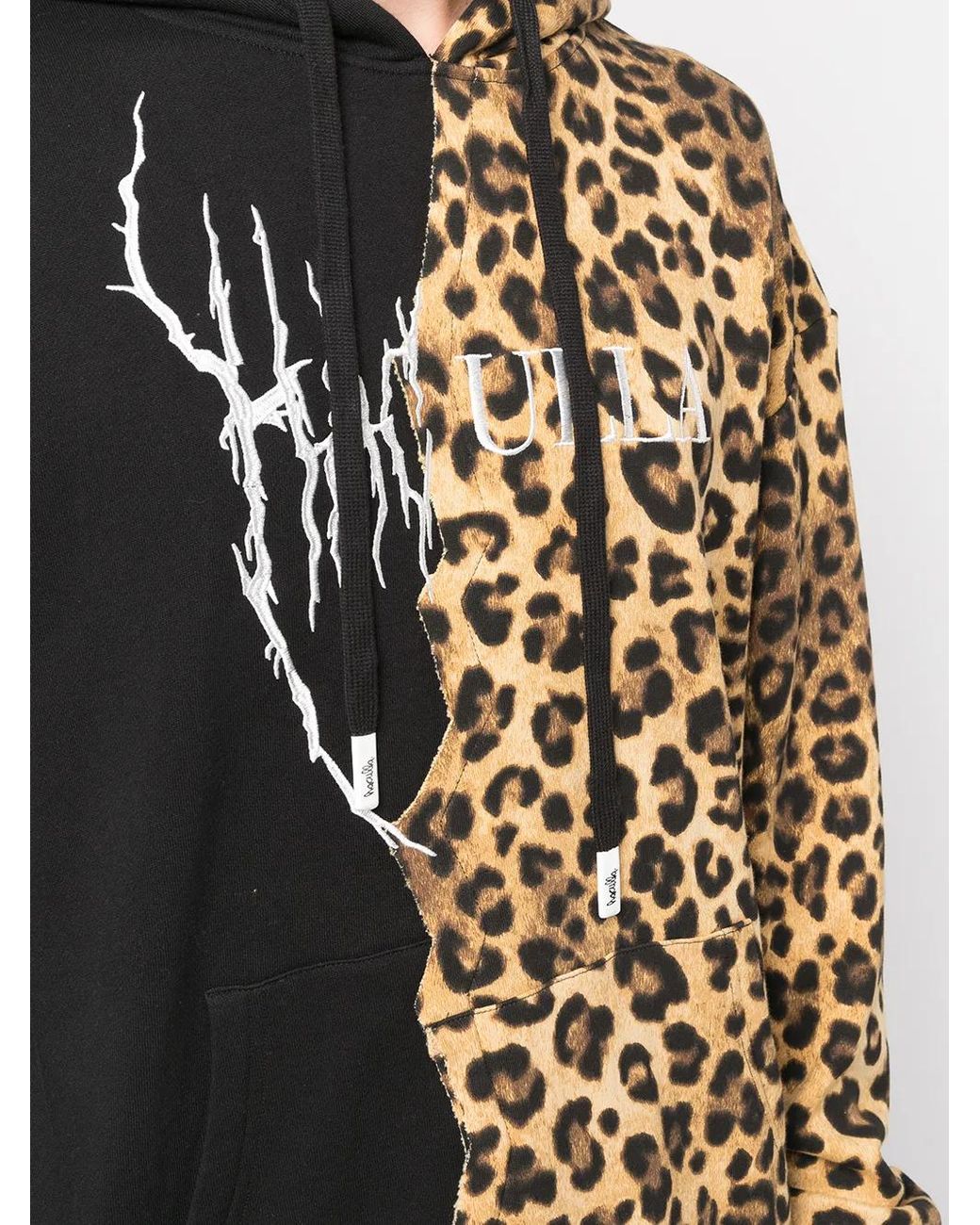 Haculla Black Paneled Leopard-Print Logo Hoodie for men