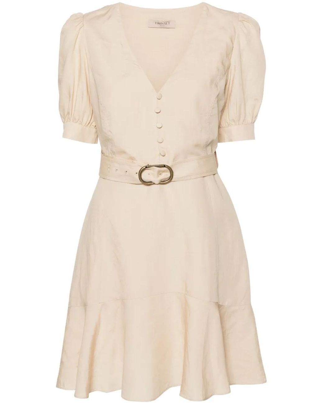 Twinset Natural Puff-Sleeves Flared Midi Dress